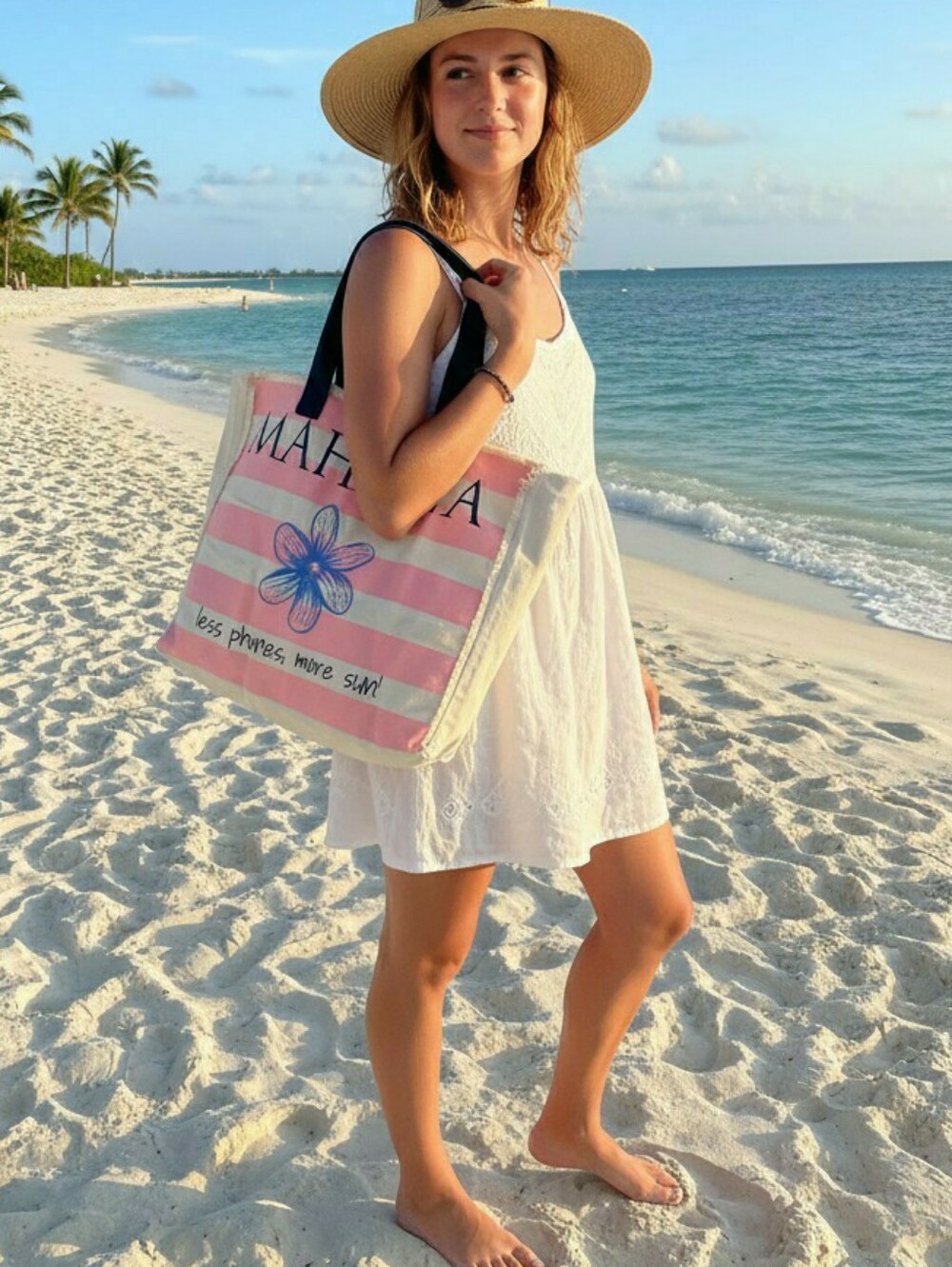 Mahana Canvas Pink Striped Beach Tote with Blue Flower Motif
